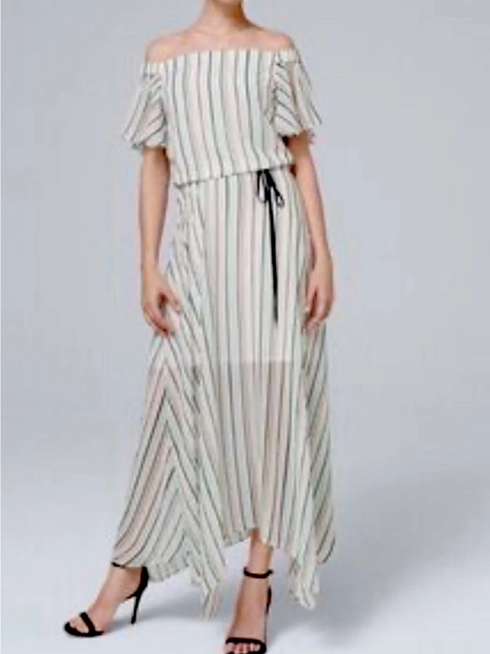 WHBM Maxi Asymmetrical Hem Chiffon Dress Cocktail Party Off Shoulder Stripe Sm
